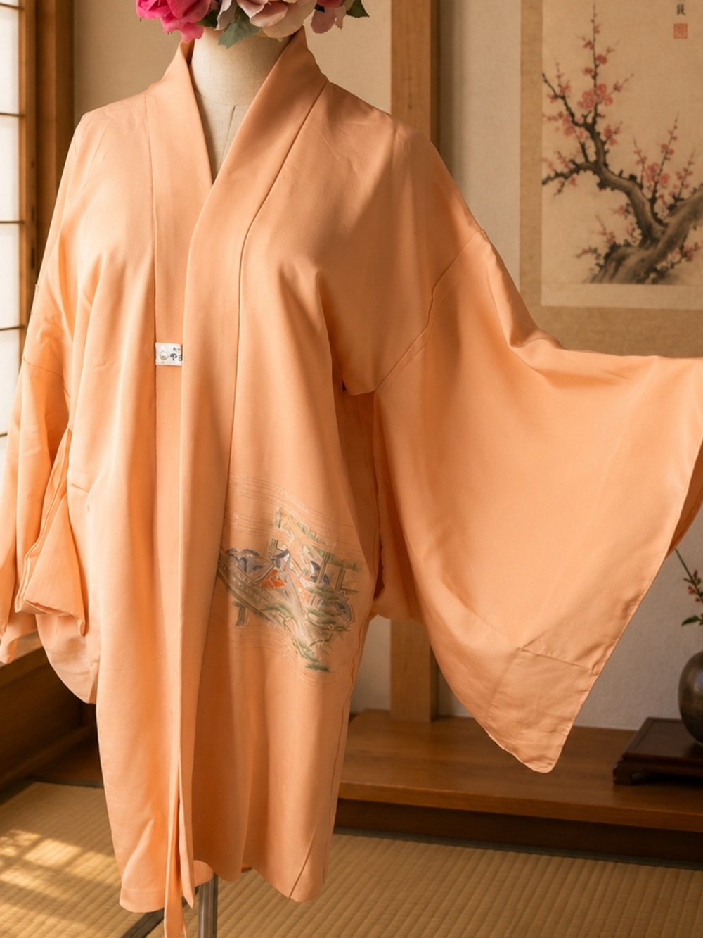 Peach Satin Kimono Jacket with Subtle Embroidery